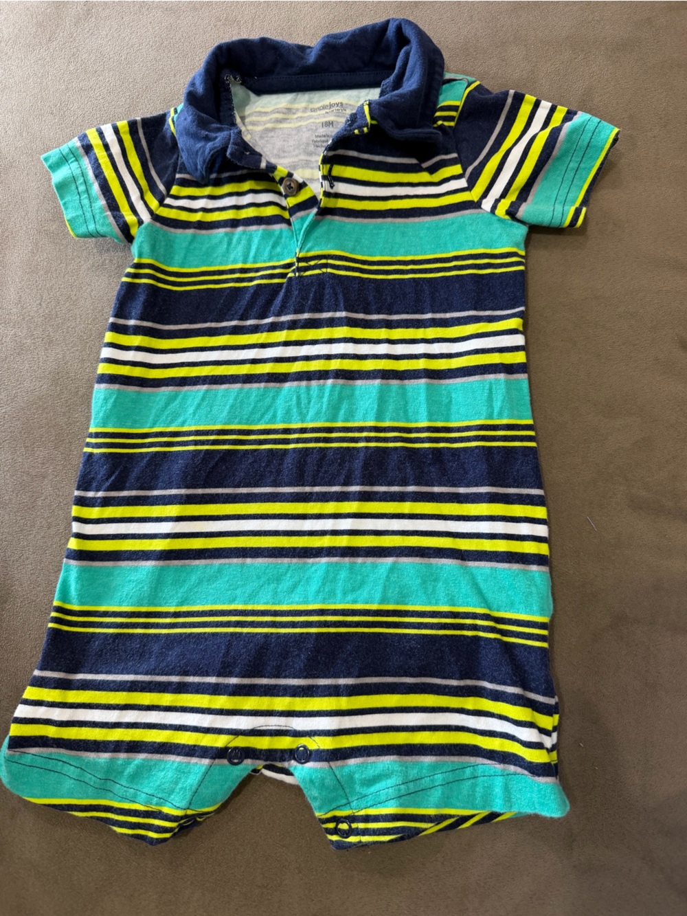 Simple Joys Kids' Striped Polo Romper in Teal, Navy & Yellow